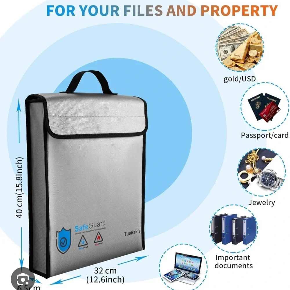 Fireproof Document Bag Waterproof 15.8 x 12.6 x 2.5 Inch Heat Insulated set of 2